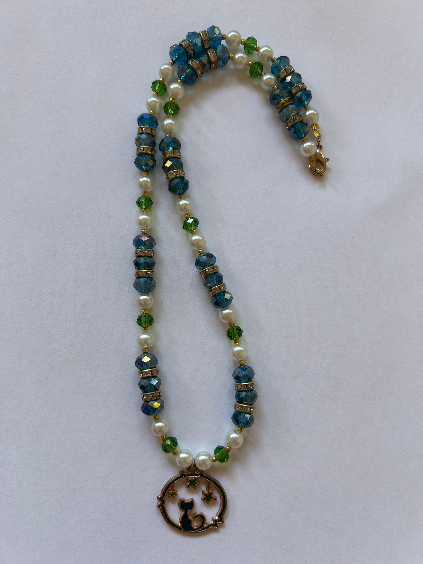Blue and Green Cat Night Sky Necklace