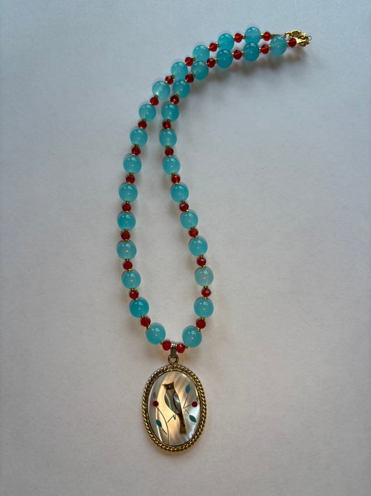 Blue and Red Gold Bird Necklace
