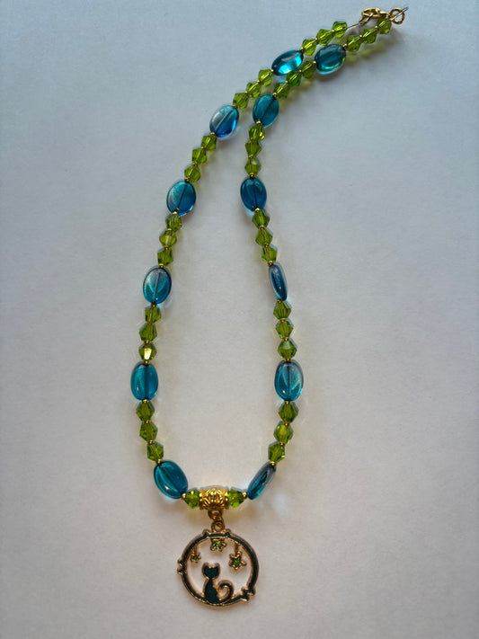 Blue and Green Cat Night Themed Necklace