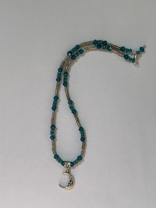 Blue and Silver Crescent Moon Necklace