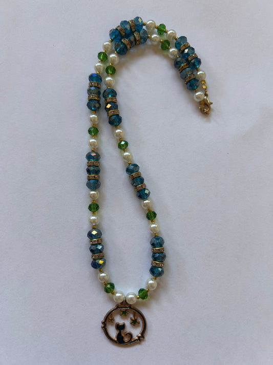 Blue and Green Cat Night Sky Necklace