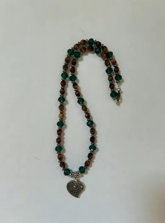 Brown and Green Tiger Eye Heart Tree Necklace.