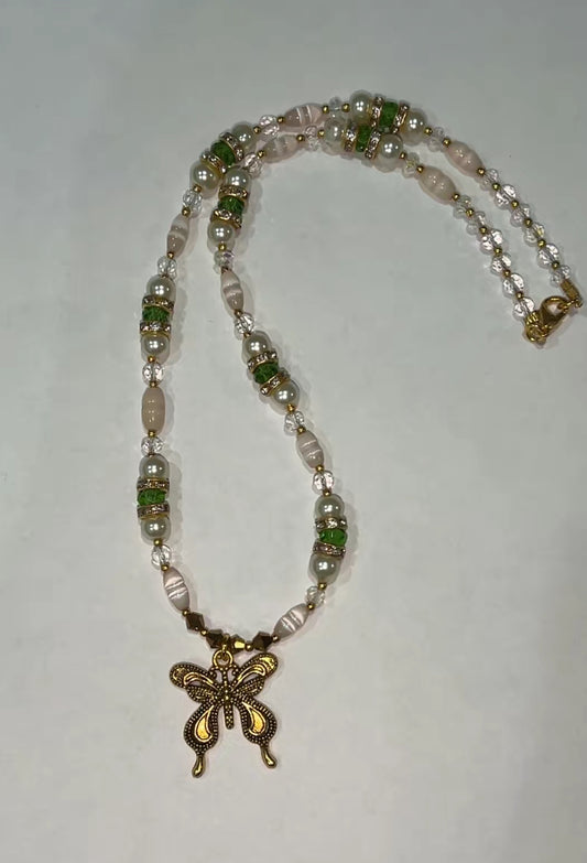 Green and Pink Gold Butterfly Necklace