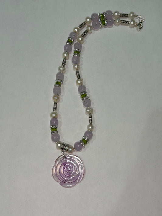 Purple and Green Pearl Flower Necklace