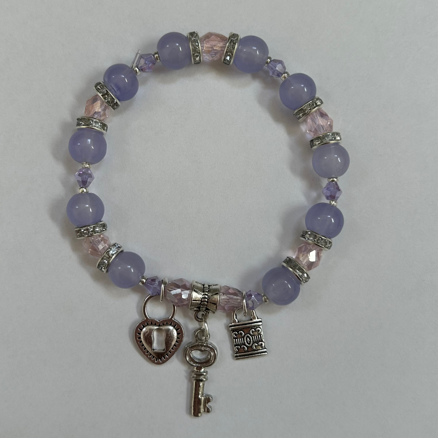 Purple and Pink Heart Key and Locket Bracelet